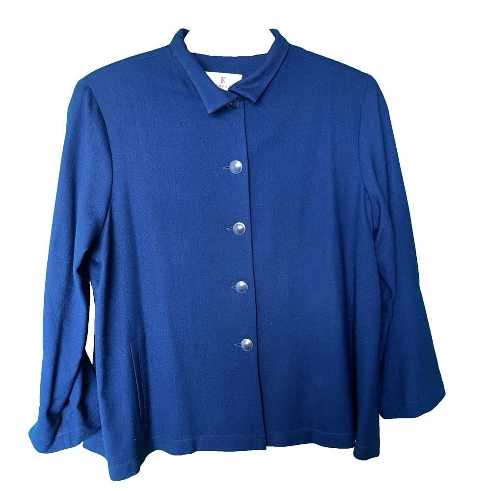 EMMELLE 100% Wool Crepe Jacket Blazer Size Large‎ Lined Blue USA-Made